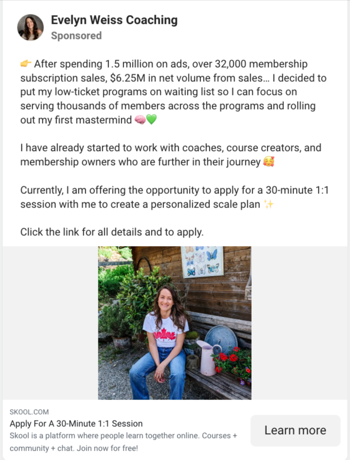 Ad-Library-02-19-2025_12_11_PM Sponsored Facebook ad by Evelyn Weiss Coaching, highlighting $6.25M in sales and offering a 30-minute 1:1 session. The ad includes a photo of Evelyn sitting on a bench outdoors, with a call-to-action button labeled "Learn more."