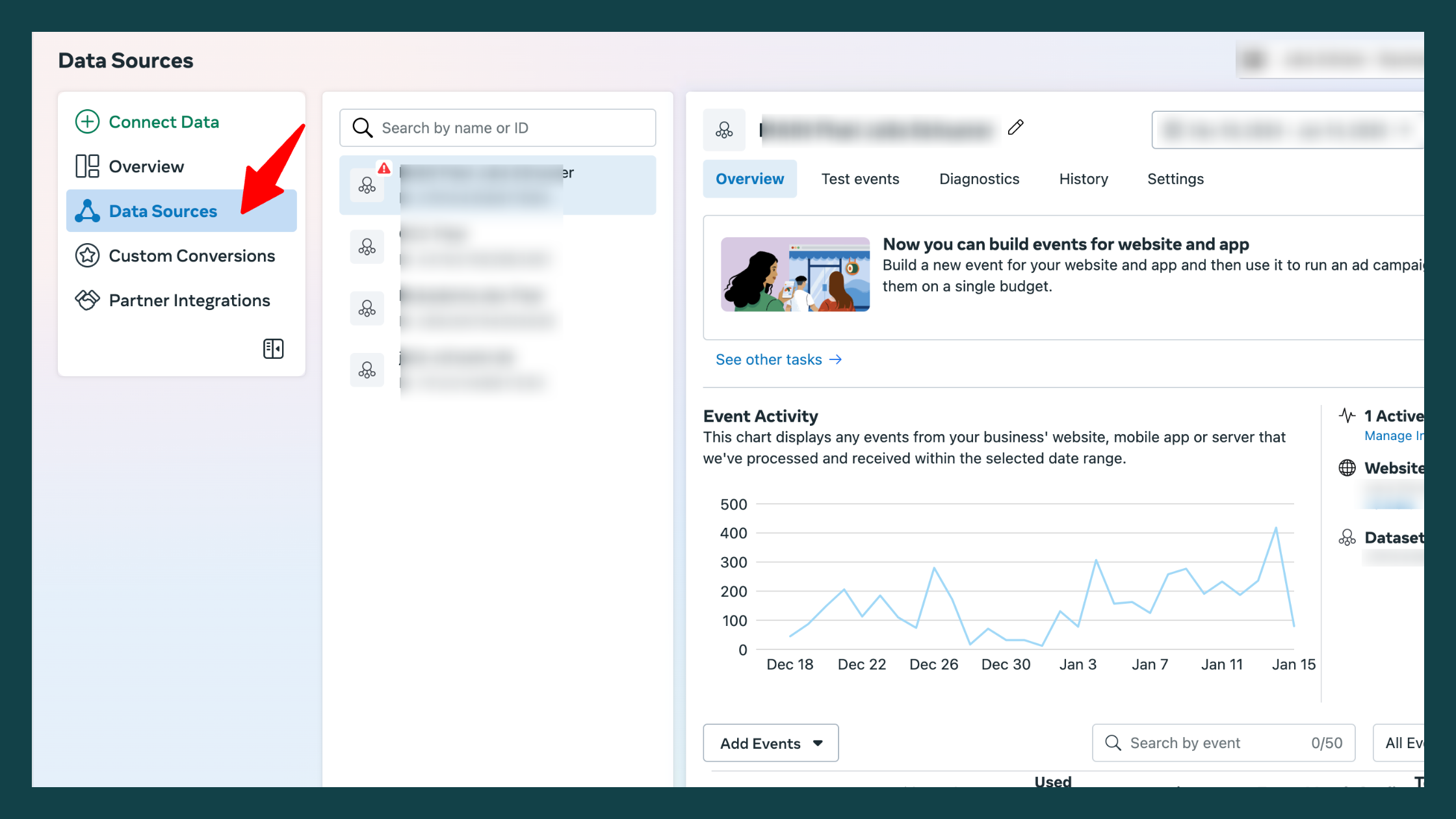 Facebook Business Manager: How to Access Data Sources Screenshot of Facebook Business Manager's "Data Sources" section, highlighting event tracking and analytics. A red arrow points to the "Data Sources" tab, with an event activity graph displayed on the right.