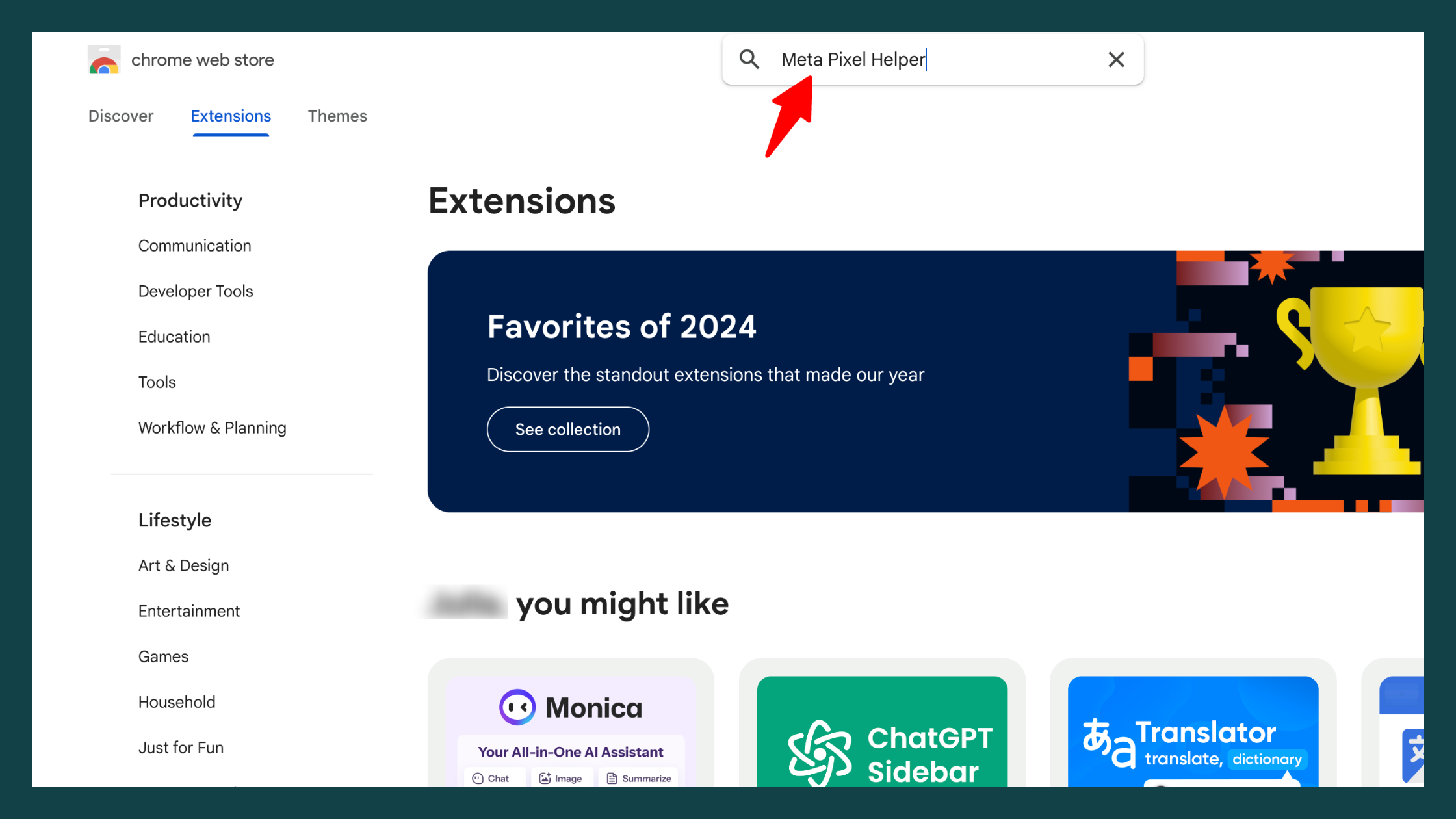 How to Find Meta Pixel Helper on Chrome Web Store Screenshot of the Chrome Web Store with "Meta Pixel Helper" typed into the search bar. A red arrow points to the search field, guiding users on how to find the extension for tracking Facebook Pixel activity.