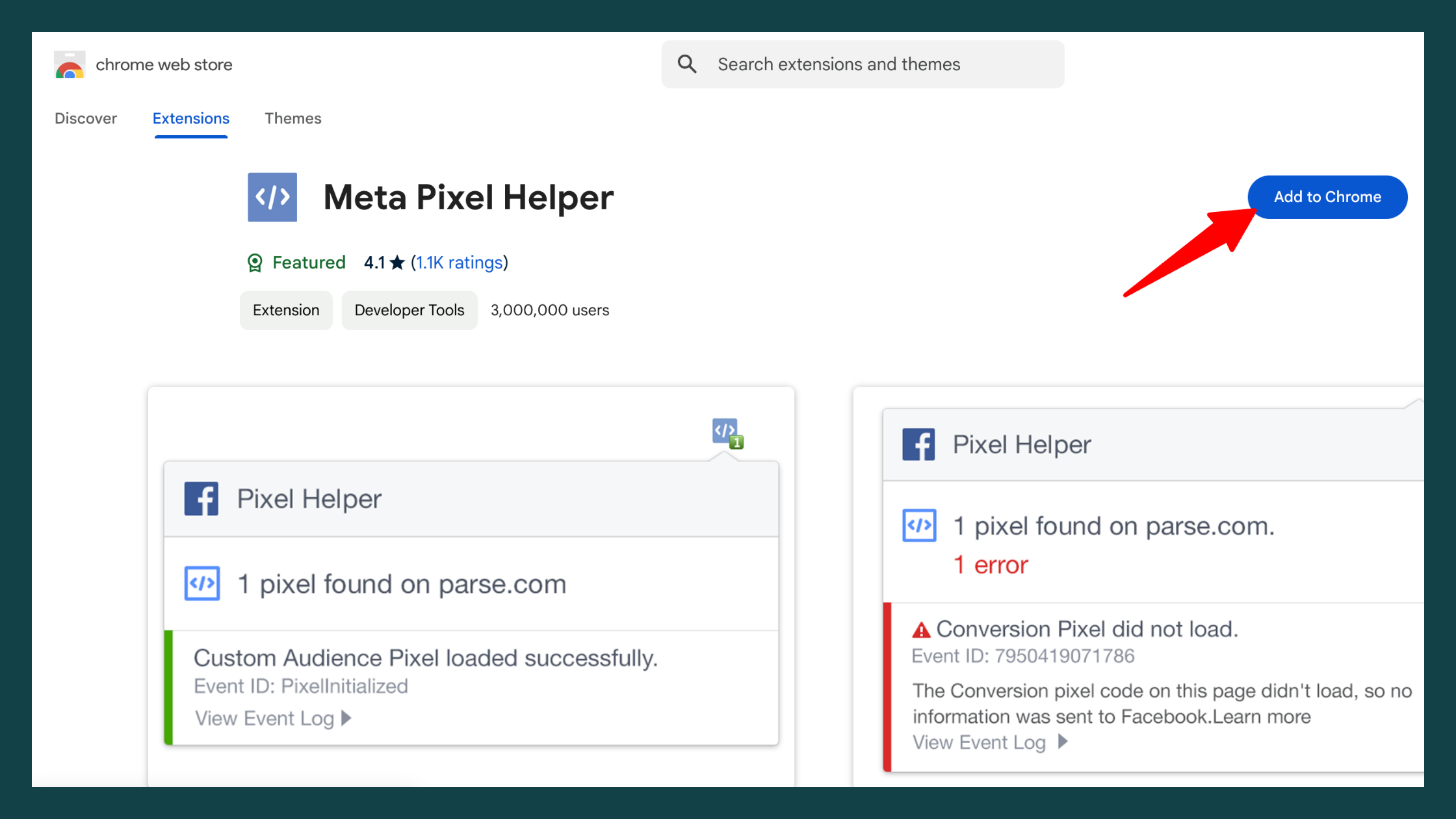 How to Install Meta Pixel Helper on Chrome Screenshot of the Chrome Web Store showing the "Meta Pixel Helper" extension. A red arrow points to the "Add to Chrome" button. The extension interface displays pixel tracking data, including successful and failed pixel loads.