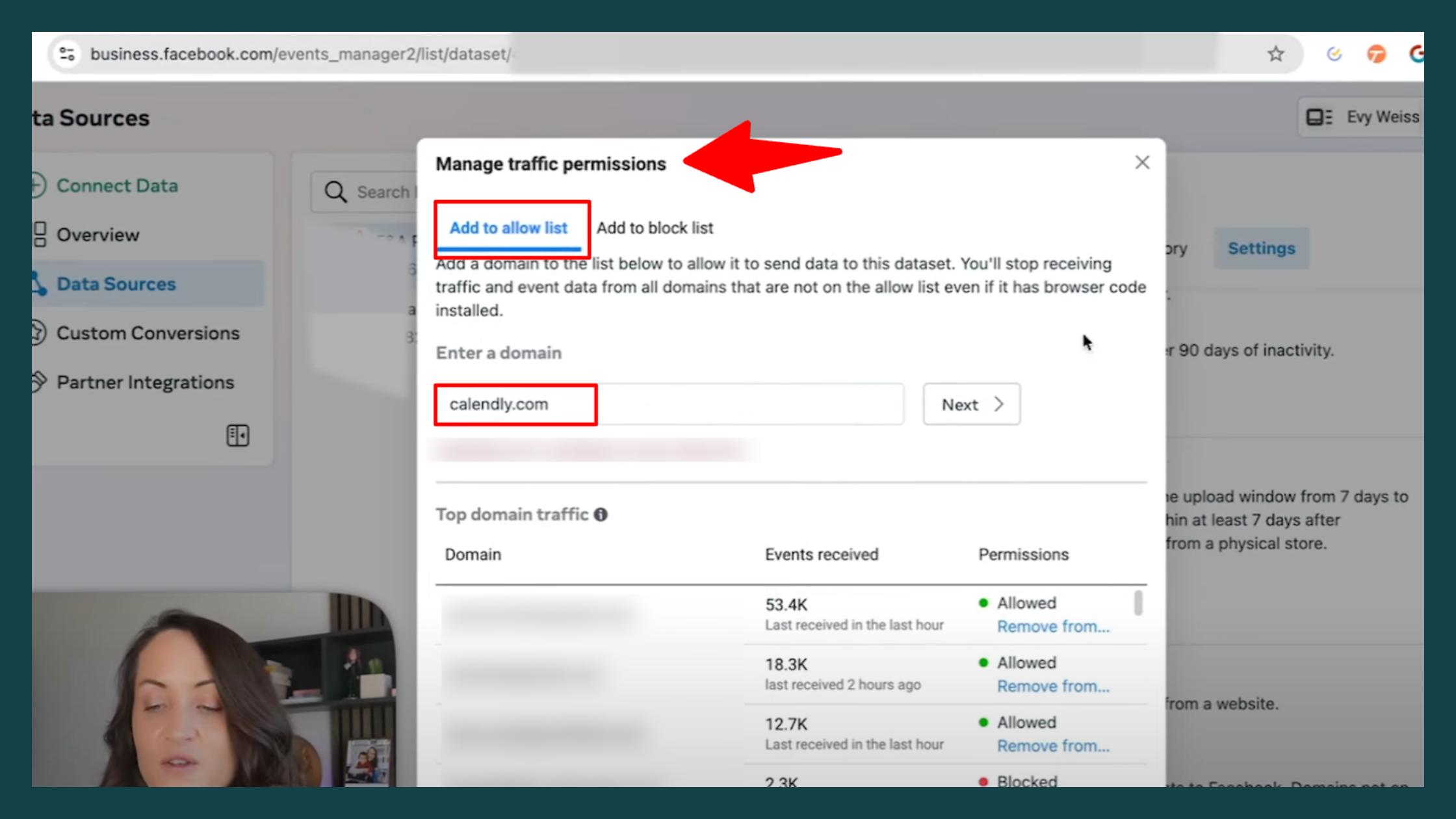 How to Add Calendly to Facebookâs Meta Pixel Allow List Screenshot of Meta Business Manager's "Manage traffic permissions" window. The domain "calendly.com" is entered, with a red arrow pointing to the "Add to allow list" option. The user is adding Calendly to the approved traffic list.