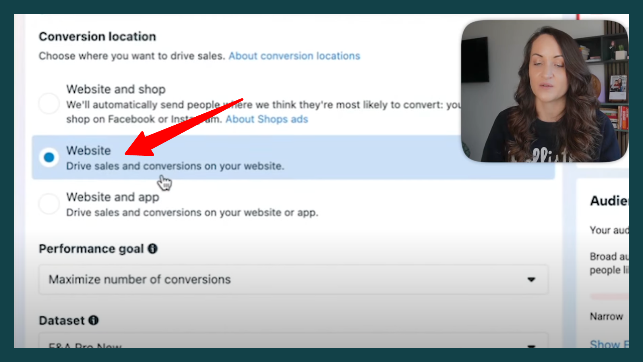 How to Set Facebook Ad Conversions for Your Website Screenshot of Facebook Ads Manager showing the "Conversion location" settings. The "Website" option is selected, with a red arrow pointing to it. A woman appears in the bottom right, explaining how to optimize ad conversion settings.