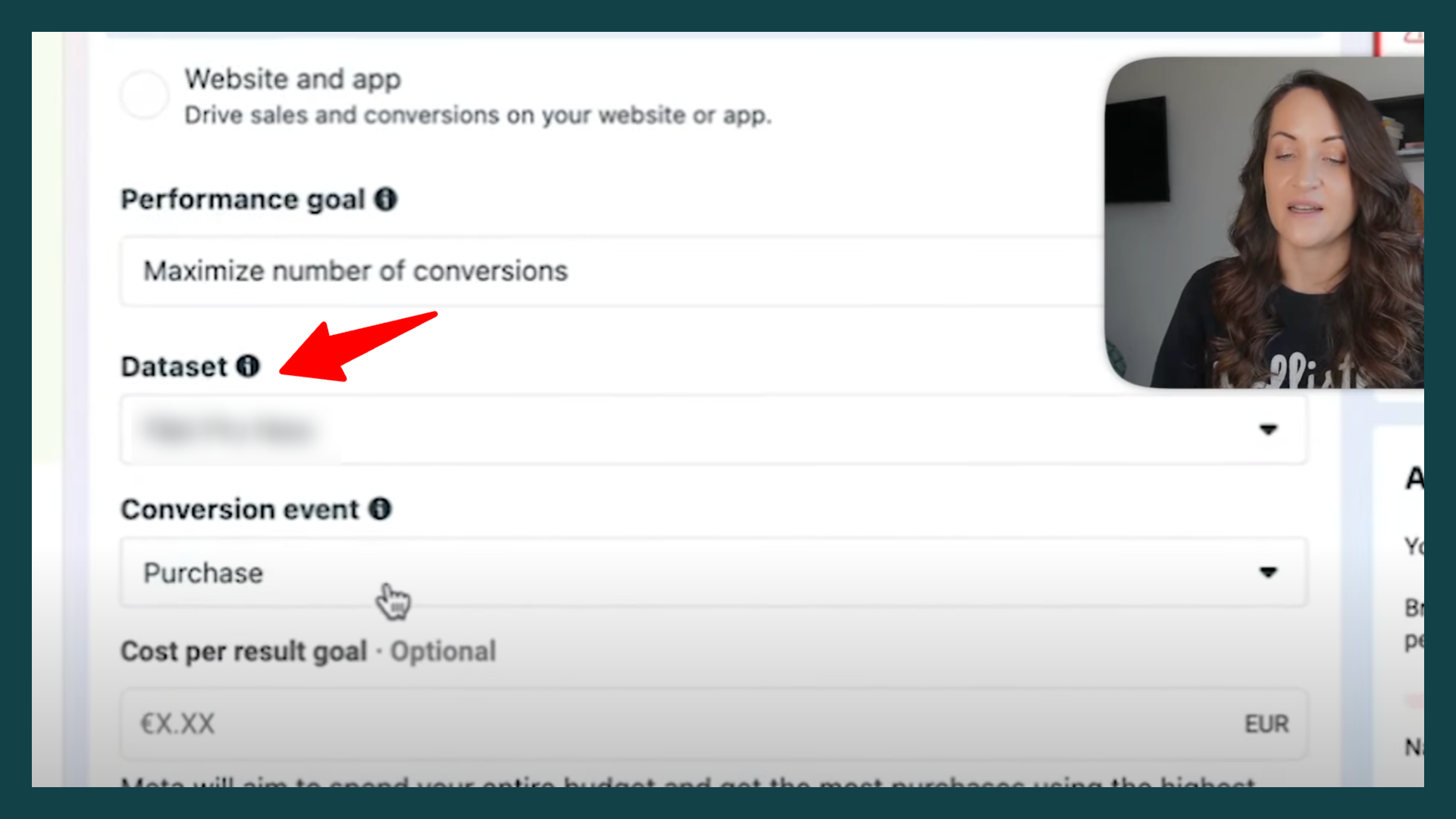 How to Set Conversion Events and Datasets in Facebook Ads Screenshot of Facebook Ads Manager showing ad setup options. A red arrow points to the "Dataset" field, with "Purchase" selected as the conversion event. A woman appears in the bottom right, explaining ad optimization.