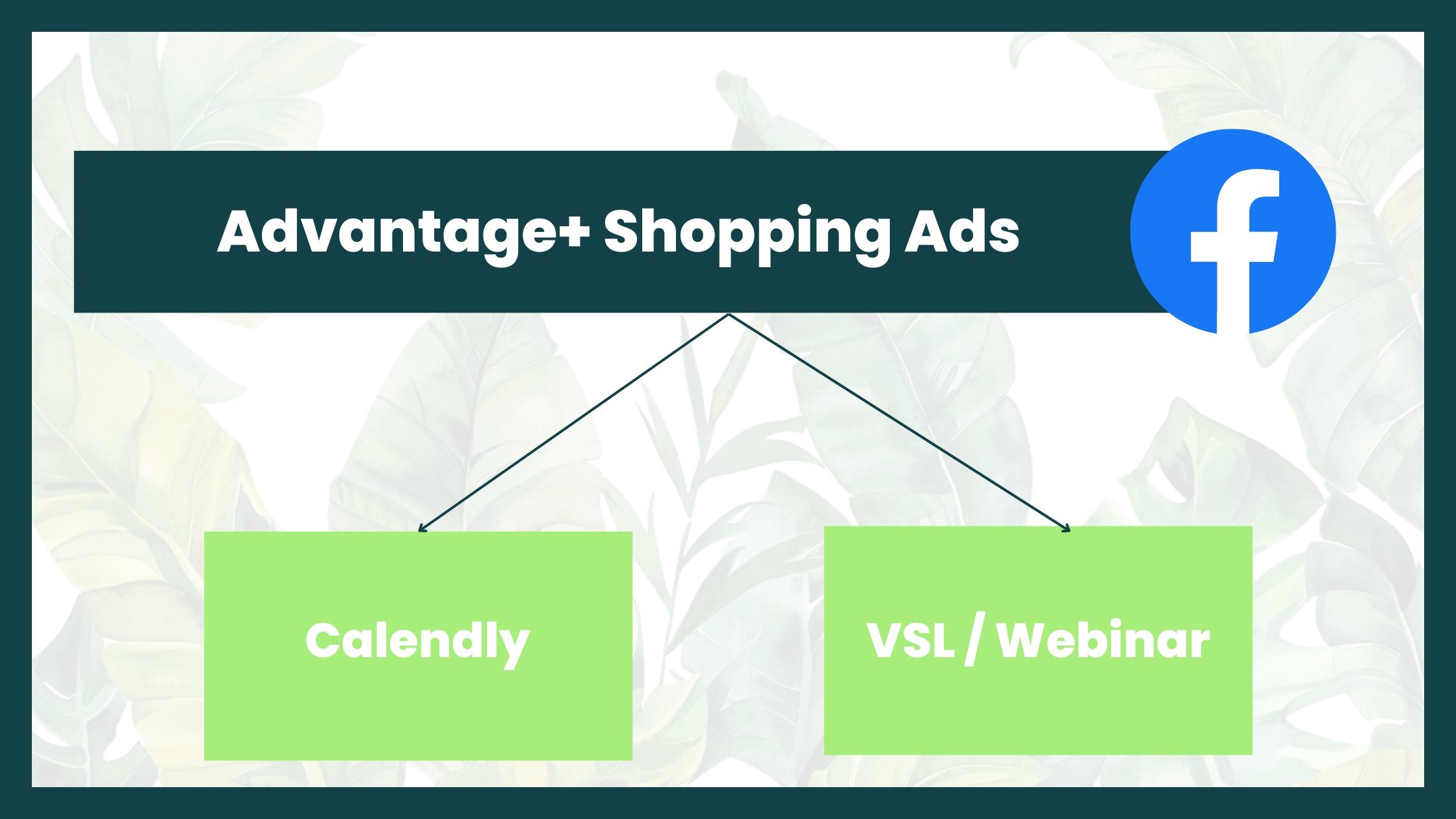 Advantage+ Shopping Ads Strategy for Facebook Flowchart showing "Advantage+ Shopping Ads" with the Facebook logo. Two arrows branch out, leading to "Calendly" and "VSL/Webinar" as next steps. The background features soft green leaves.