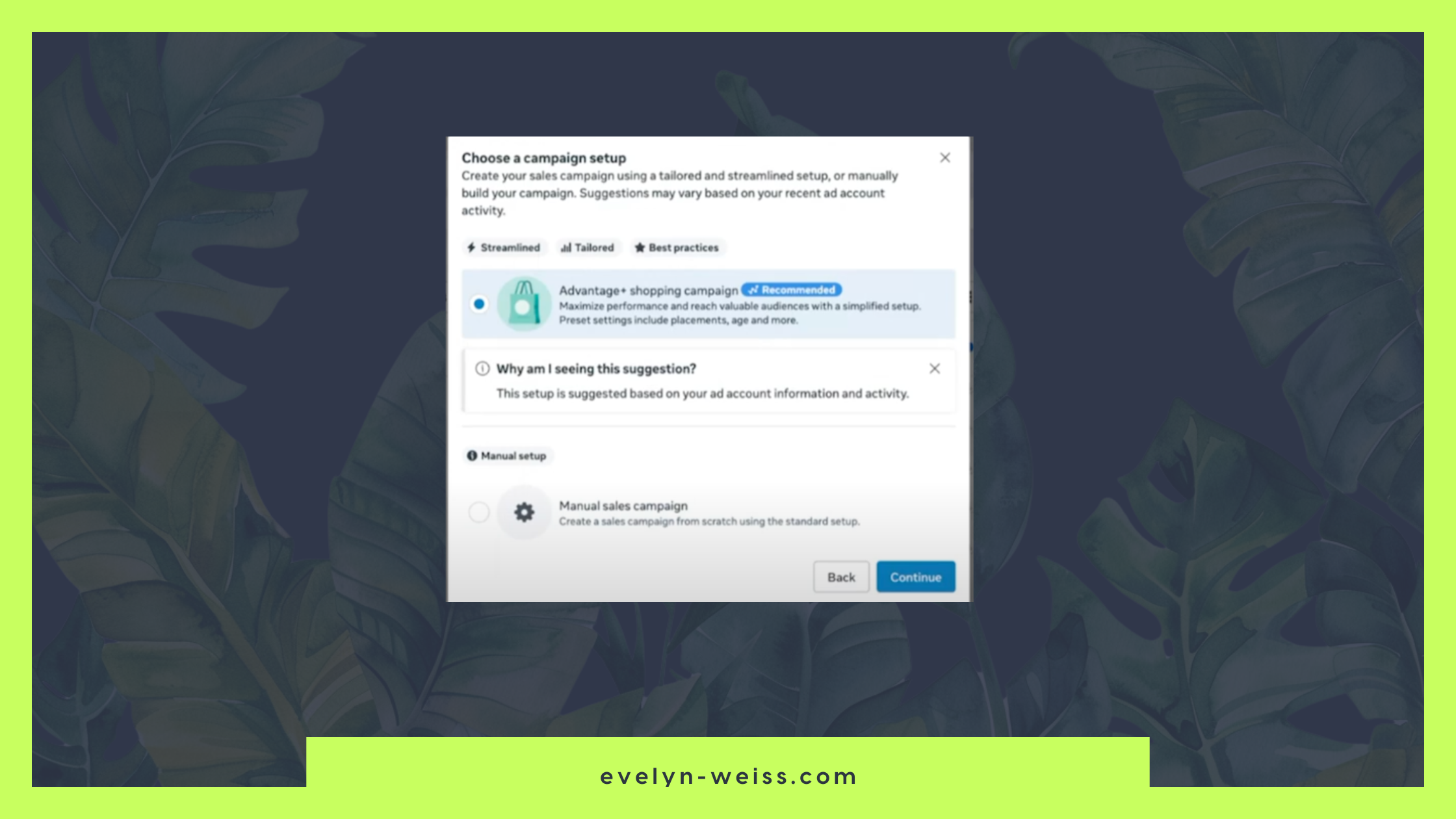 Flowchart showing "Advantage+ Shopping Ads" with the Facebook logo. Two arrows branch out, leading to "Calendly" and "VSL/Webinar" as next steps. The background features soft green leaves.