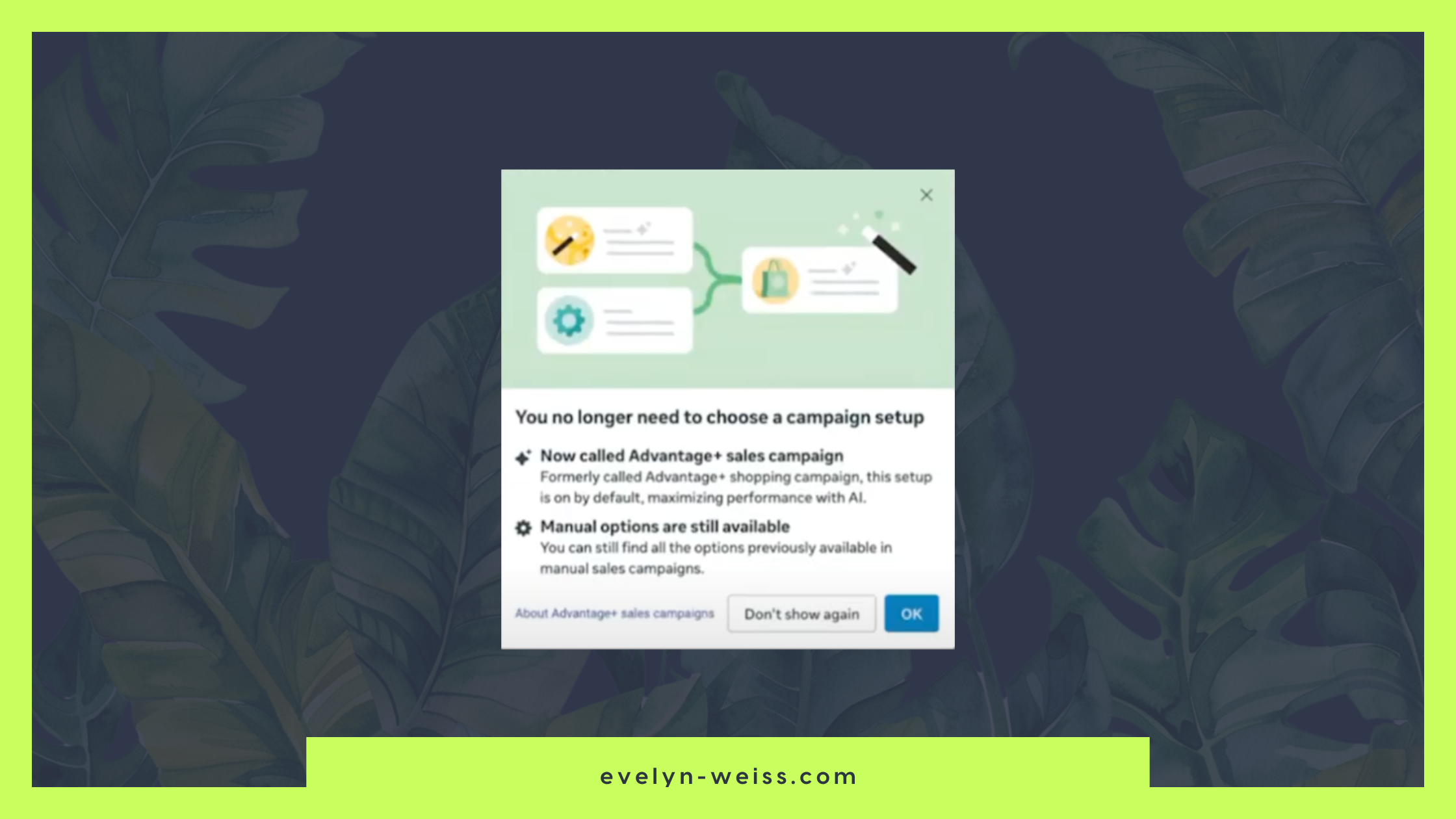 Flowchart showing "Advantage+ Shopping Ads" with the Facebook logo. Two arrows branch out, leading to "Calendly" and "VSL/Webinar" as next steps. The background features soft green leaves.